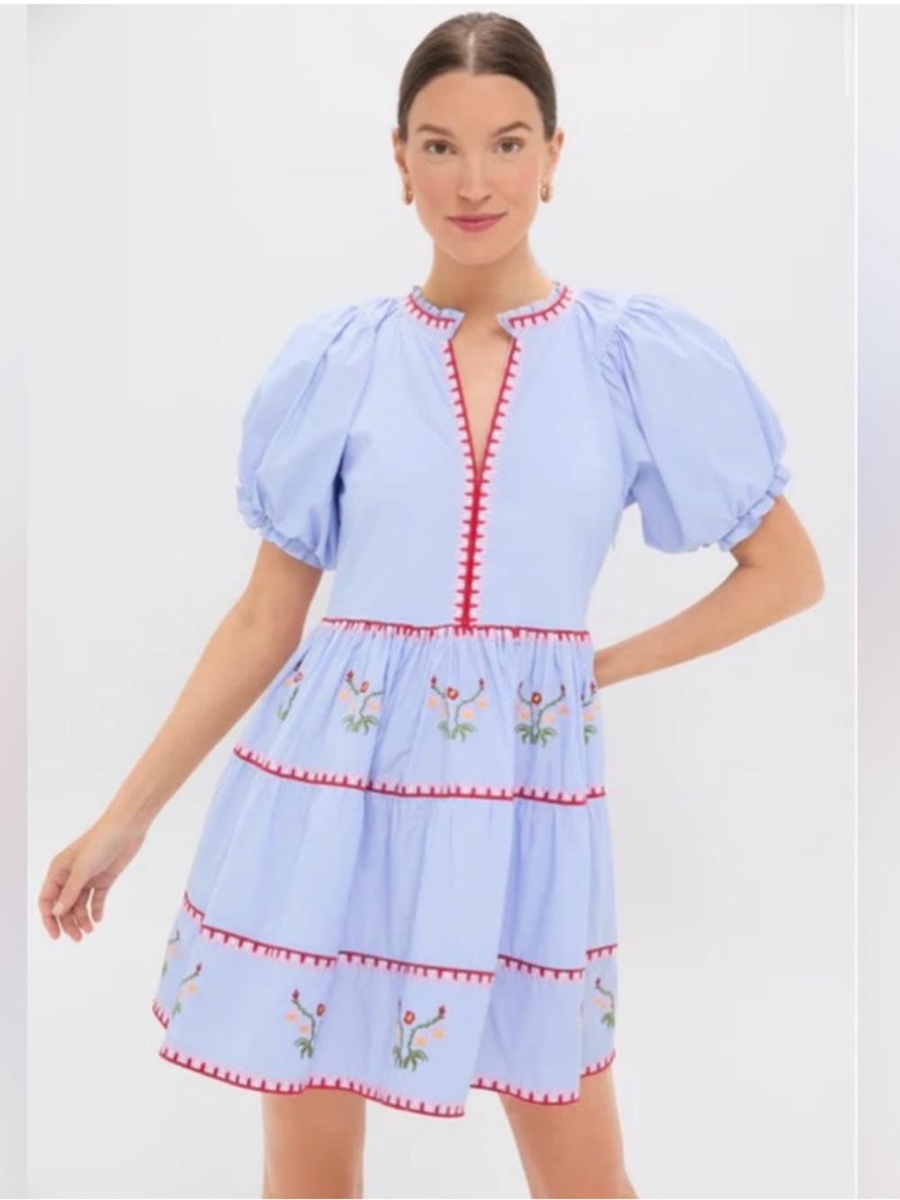 Tuckernuck Hyacinth House Light Blue Stripe Embroidered Puff Sleeve Tiered Dress